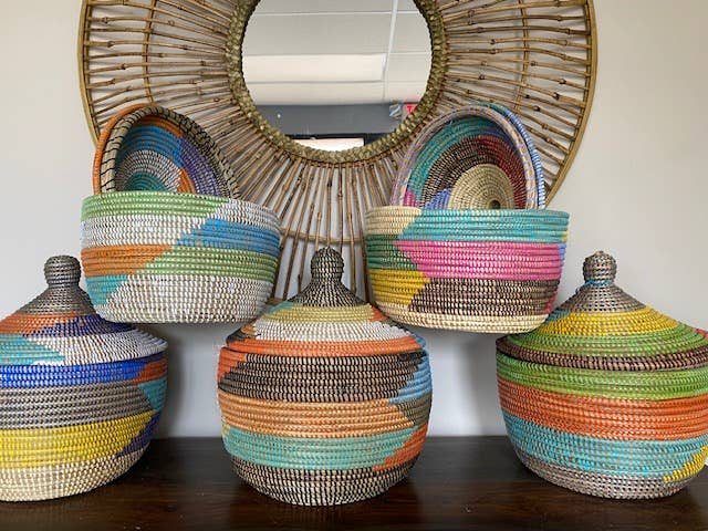 Rainbow Block Sweet Grass Large Lidded Basket