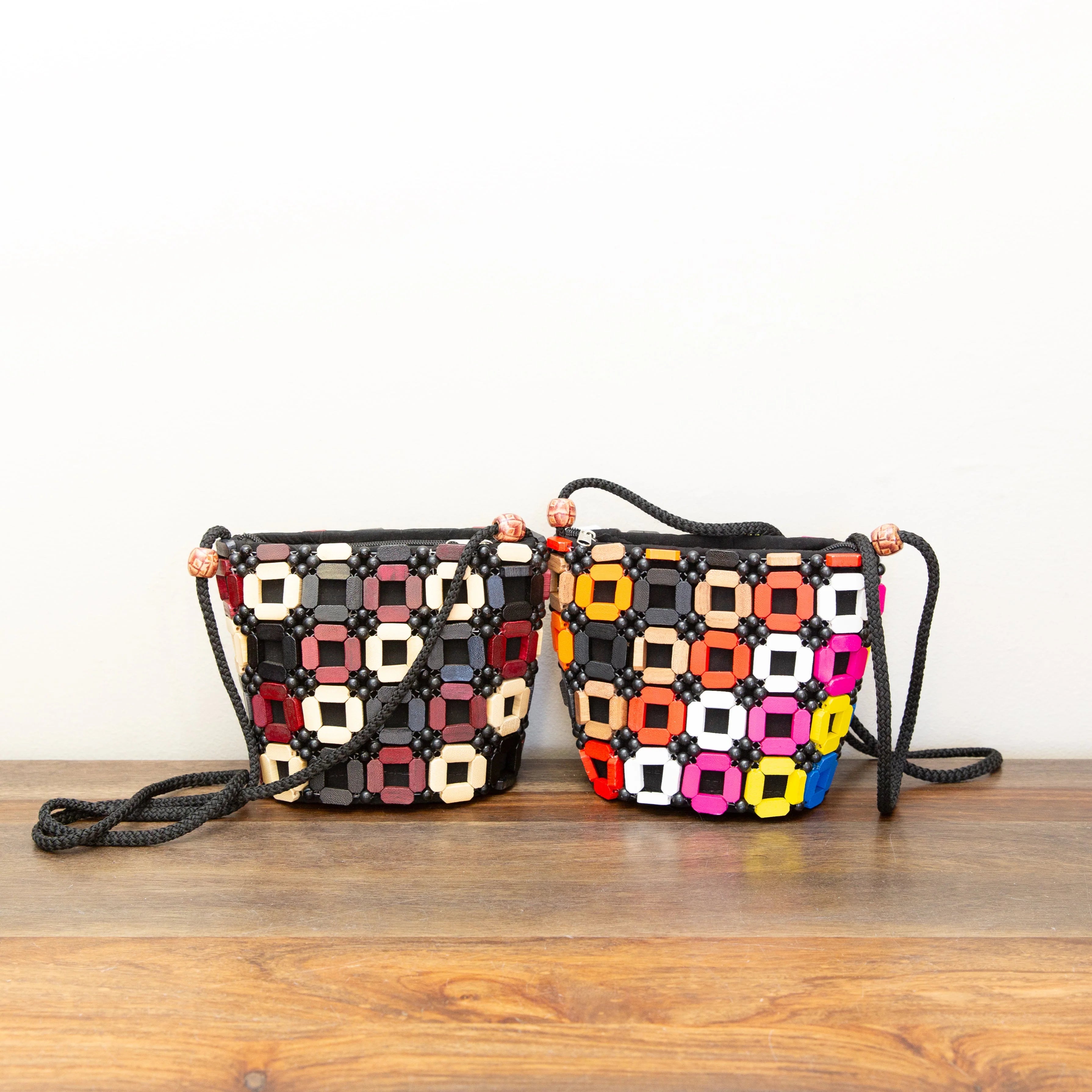 Wooden Square Crossbody Purse in Multicolor