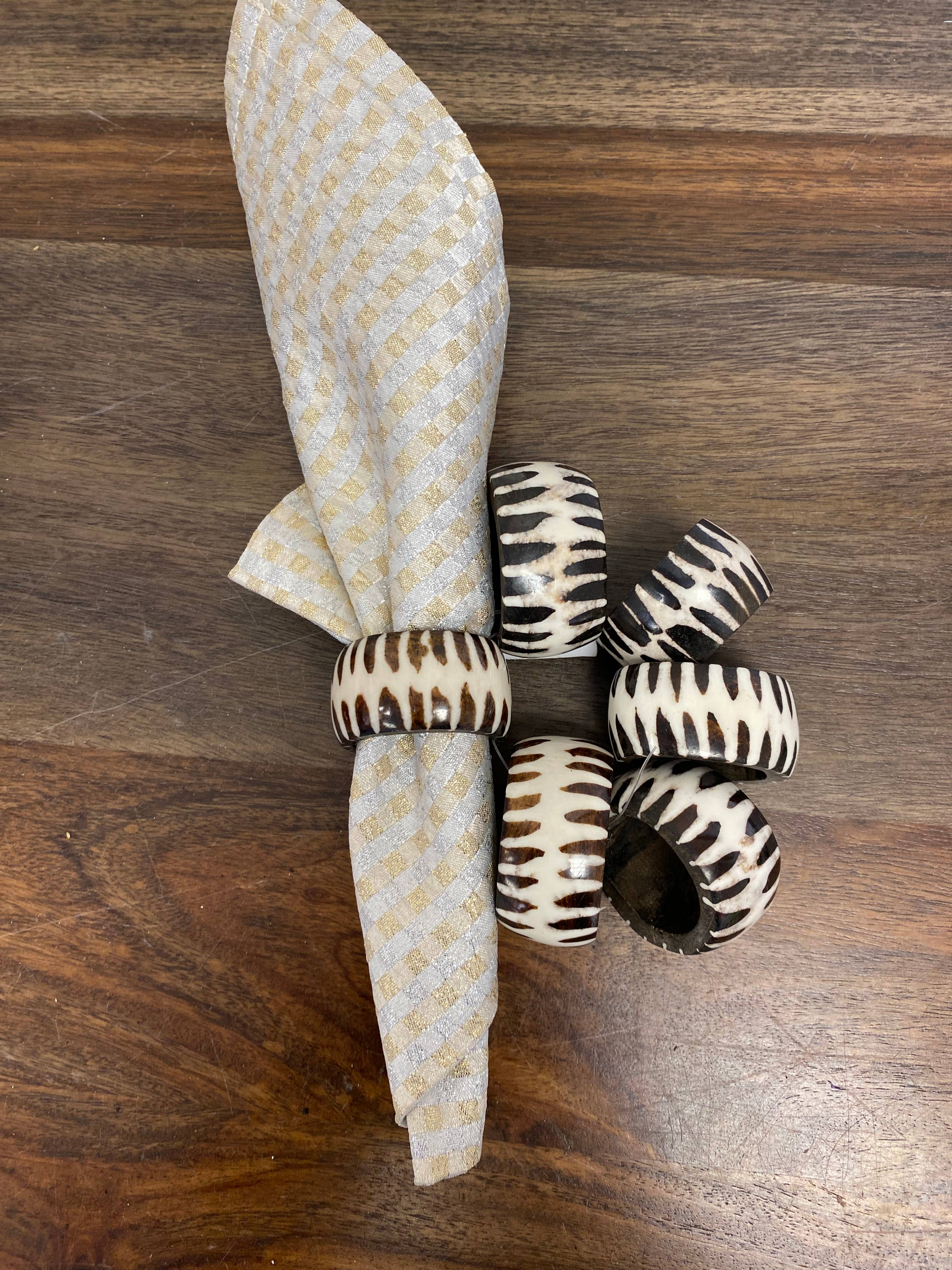 Black and White Batik Bone Napkin Rings, Set of 6