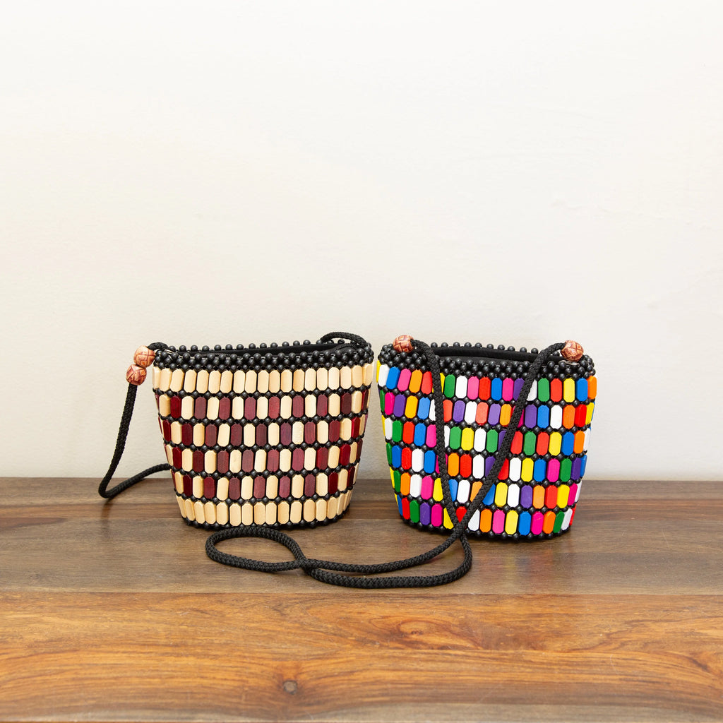Wooden Pebble Crossbody Purse in Multicolor