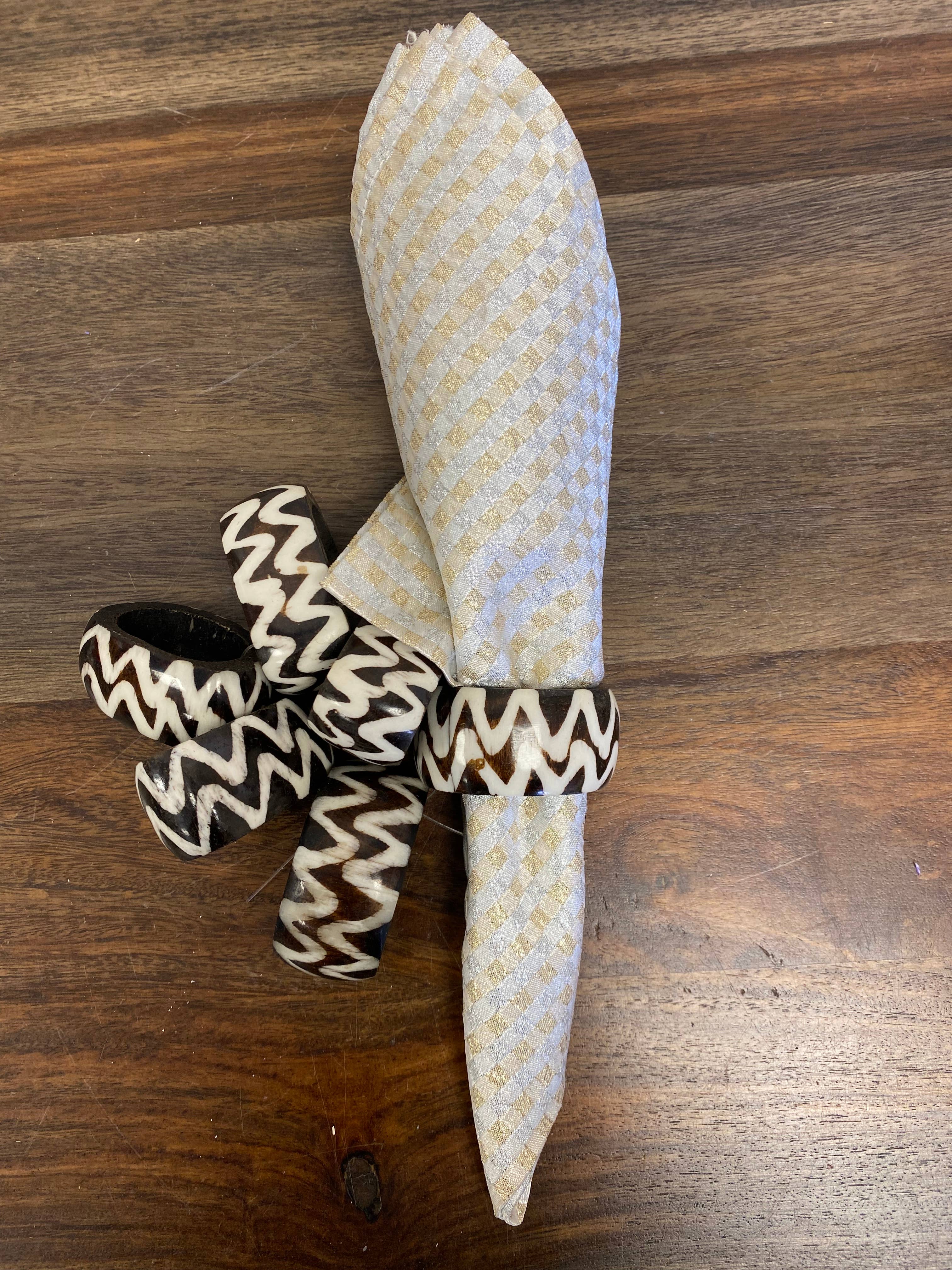 Black and White Batik Bone Napkin Rings, Set of 6