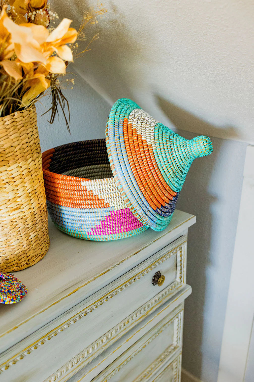 Rainbow Block Sweet Grass Large Lidded Basket