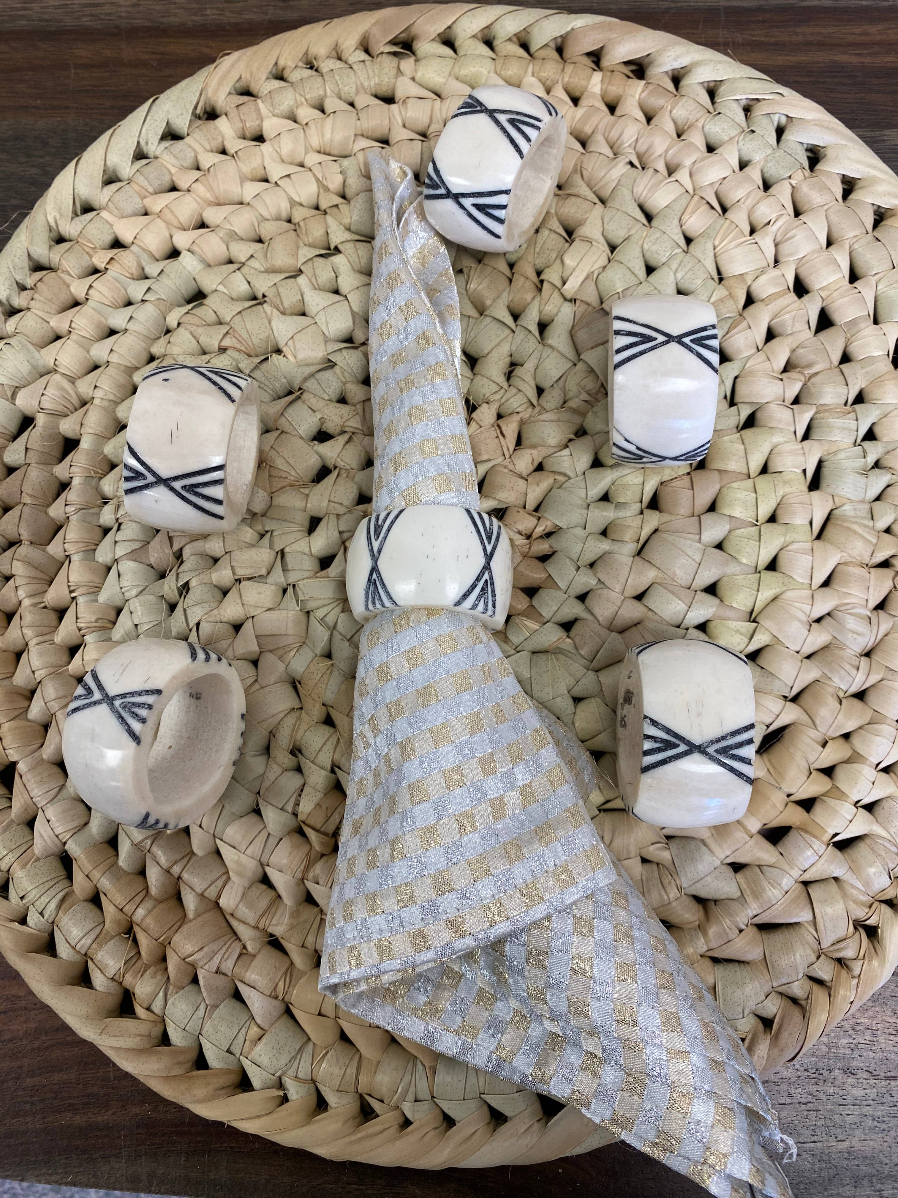 Black and White Batik Bone Napkin Rings, Set of 6