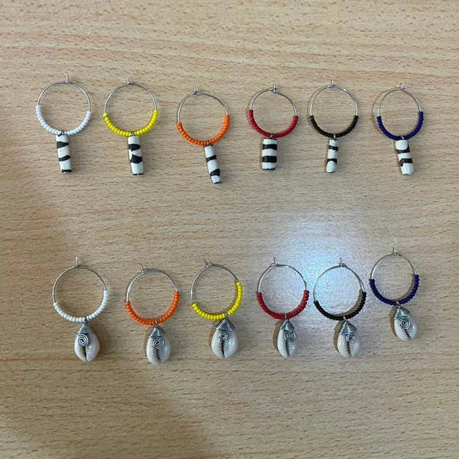 Handmade Up-cycled Bone and Cowrie Shell Wine Charms, Set of Six