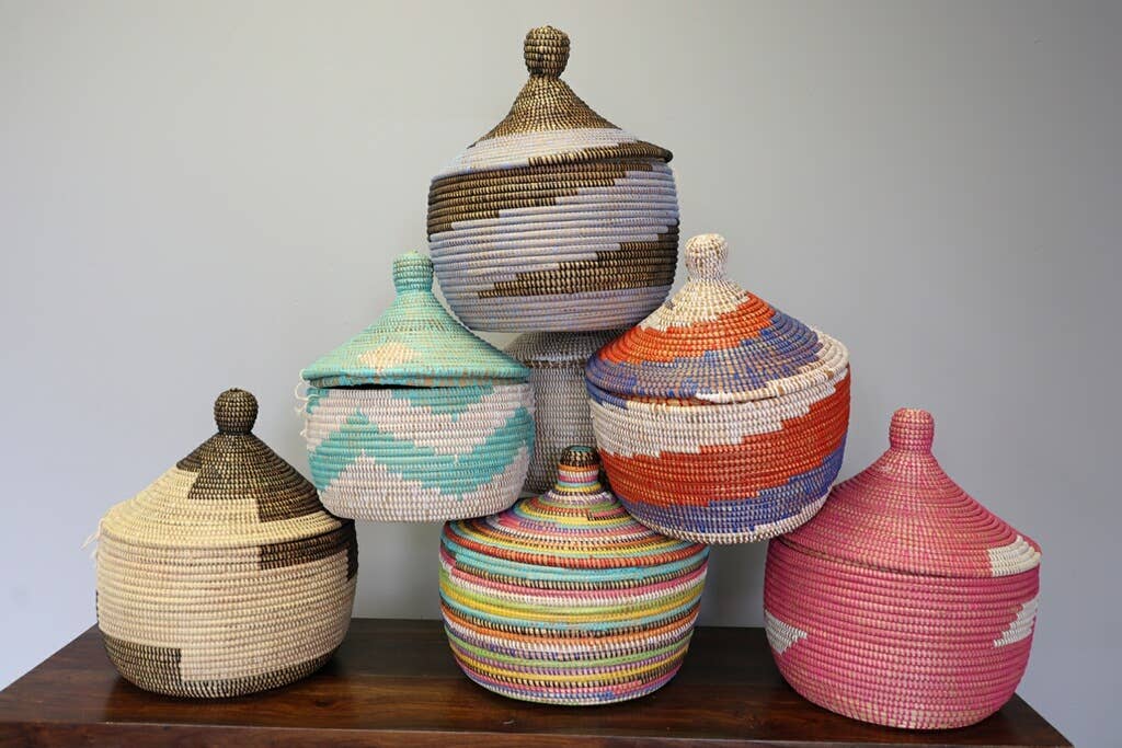 Rainbow Block Sweet Grass Large Lidded Basket