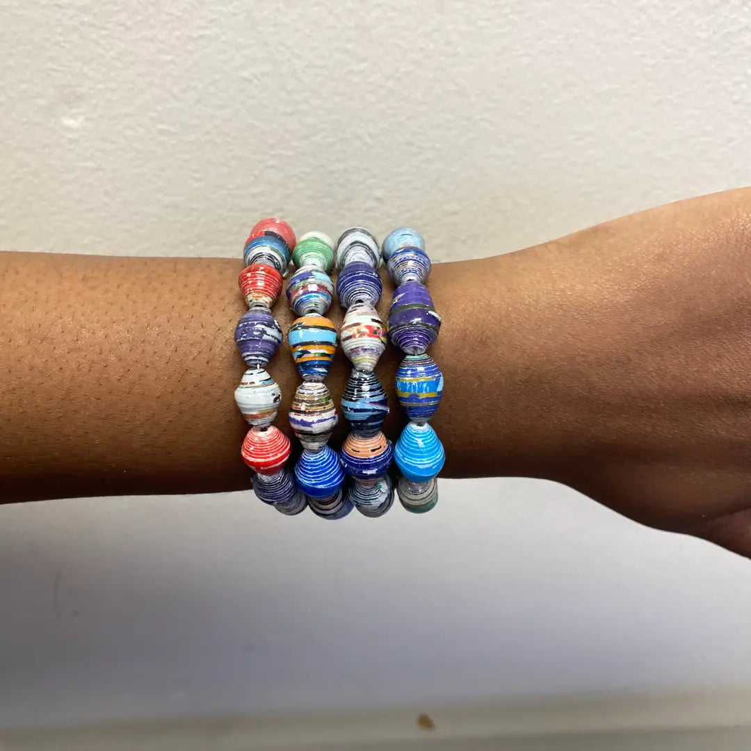 Multi-Color Beaded Fair Trade Paper Mache Bracelet Set of 6 – Handcrafted from Up-cycled Magazine Paper
