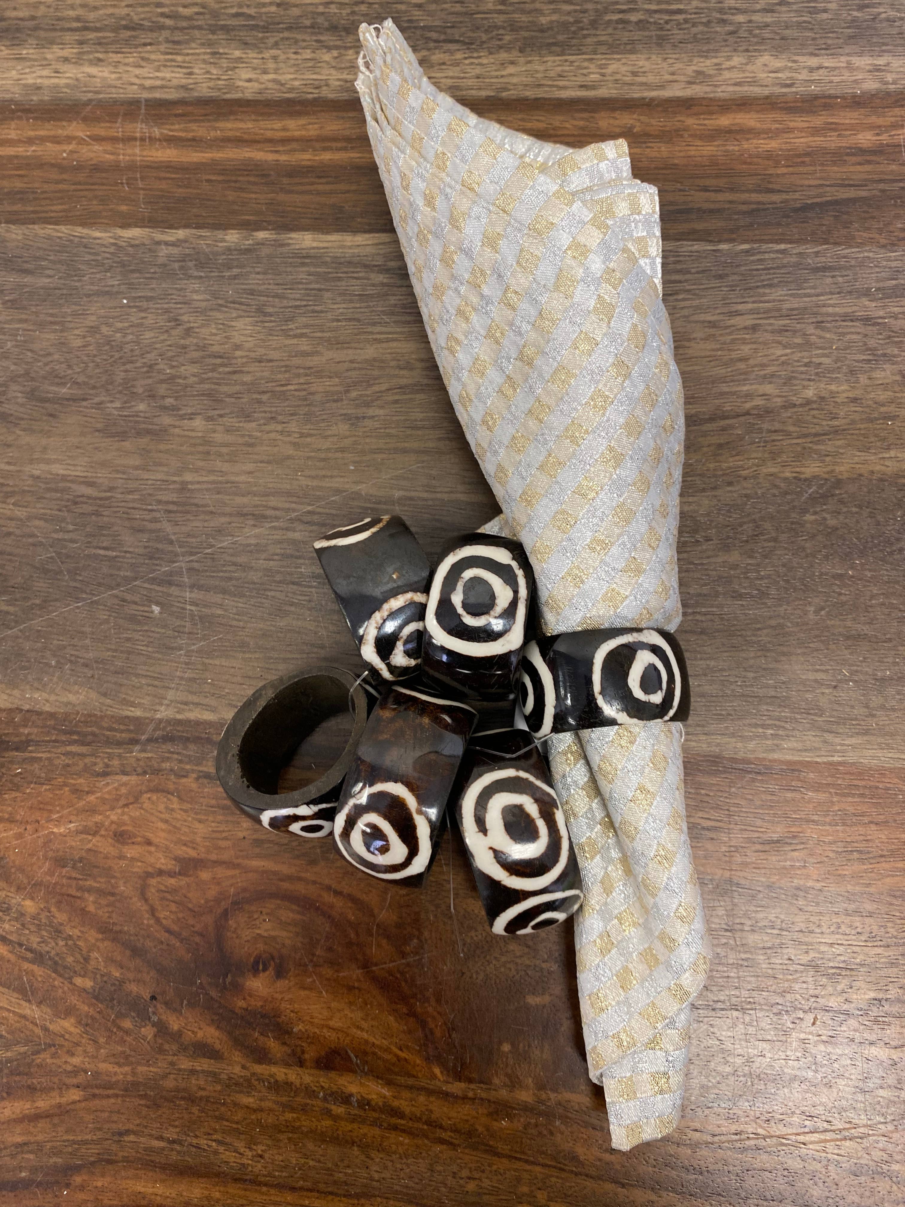 Black and White Batik Bone Napkin Rings, Set of 6