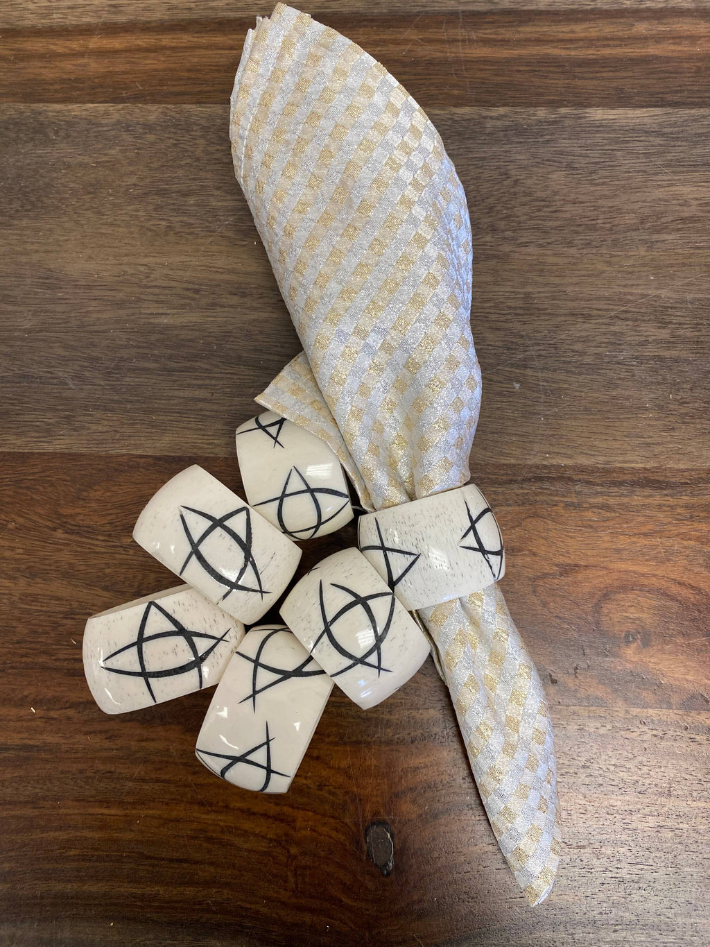 Black and White Batik Bone Napkin Rings, Set of 6