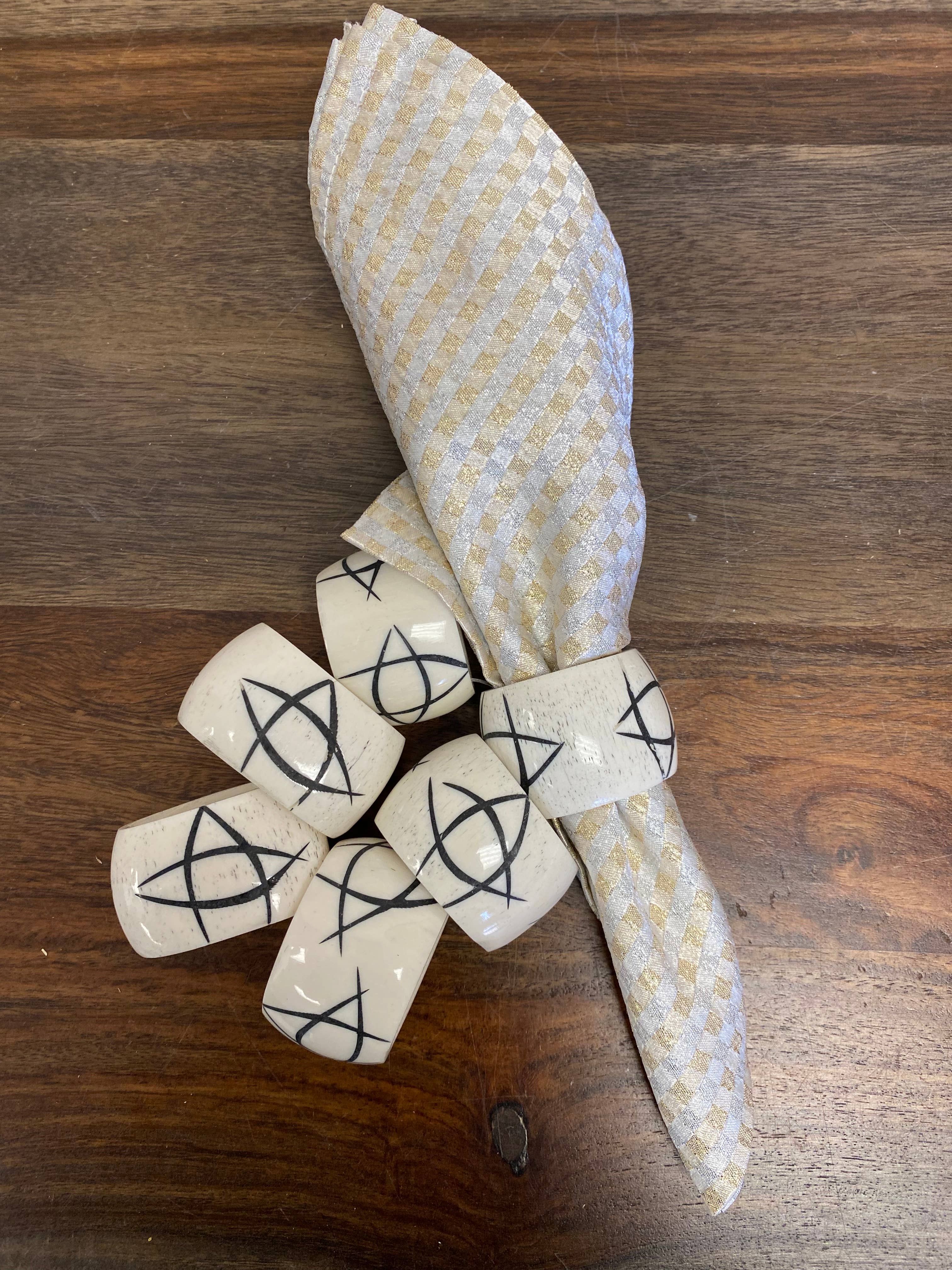 Black and White Batik Bone Napkin Rings, Set of 6