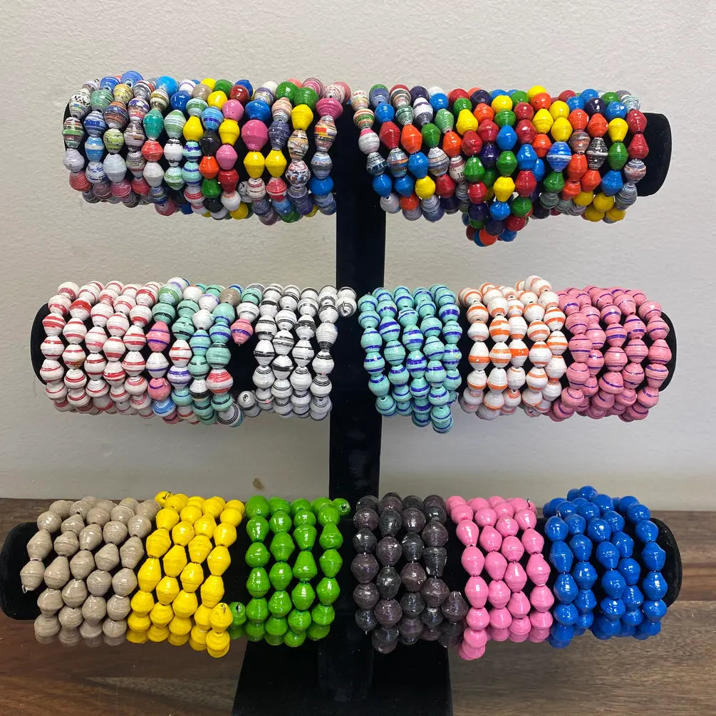 Multi-Color Beaded Fair Trade Paper Mache Bracelet Set of 6 – Handcrafted from Up-cycled Magazine Paper