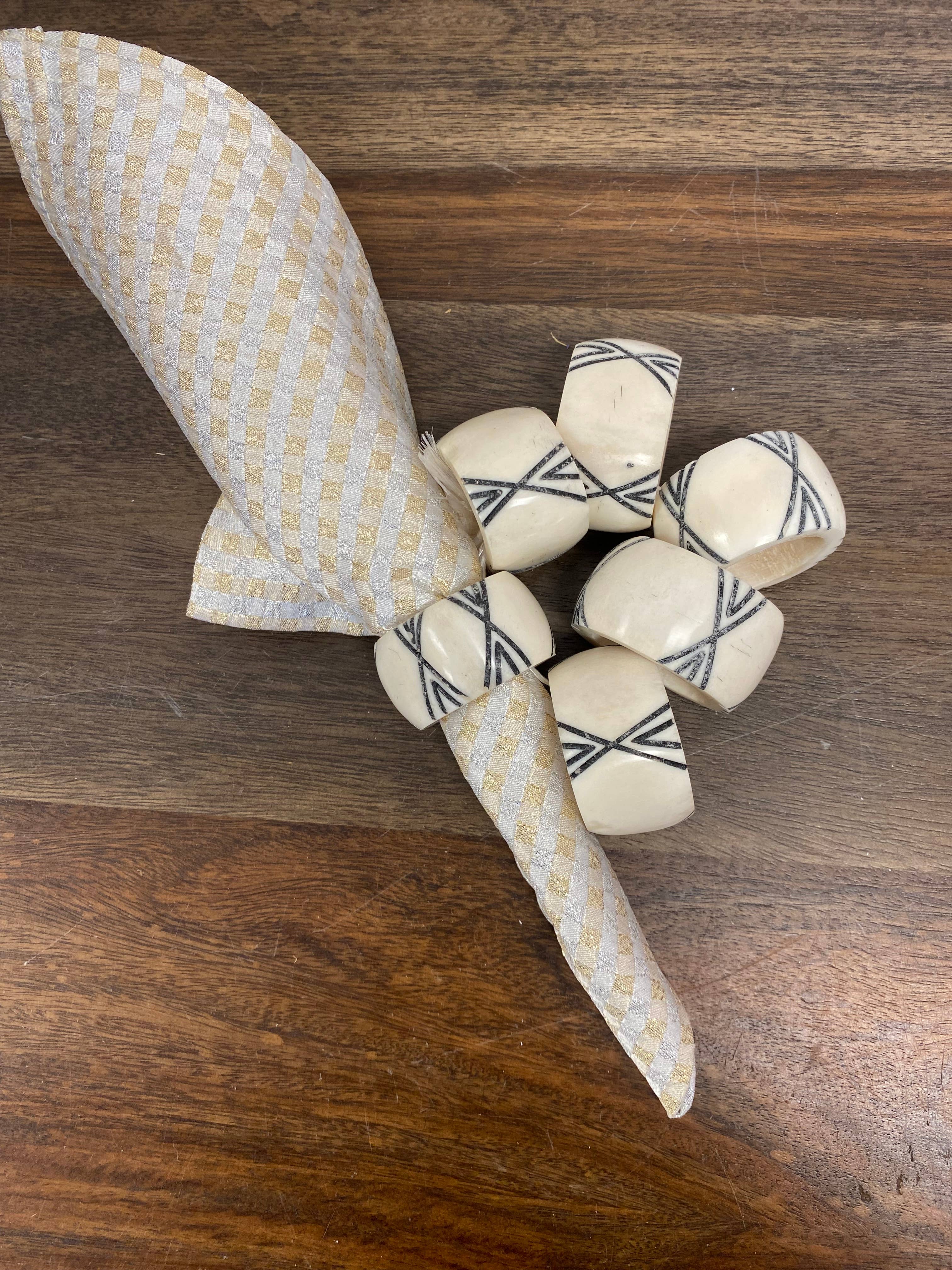 Black and White Batik Bone Napkin Rings, Set of 6