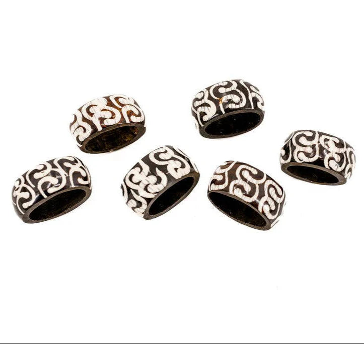 Black and White Batik Bone Napkin Rings, Set of 6